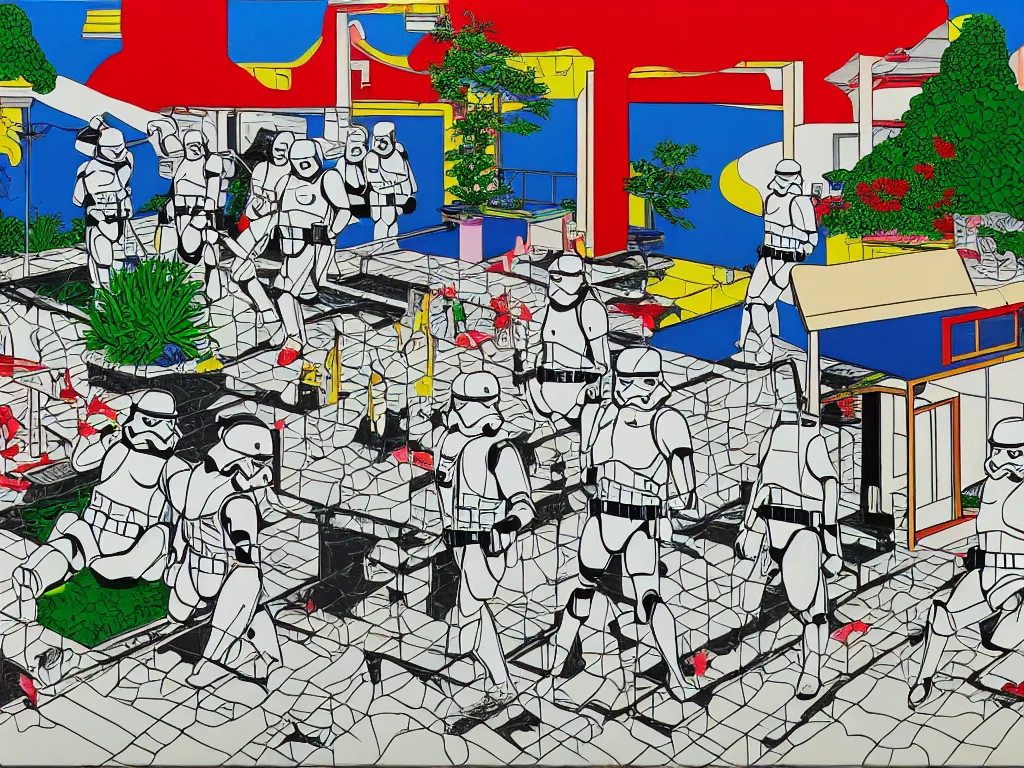 Image similar to hyperrealism composition of the japanese house with a hot springs in the garden, detailed stormtrooper in hot springs, pop - art style, jacky tsai style, andy warhol style, roy lichtenstein style, acrylic on canvas