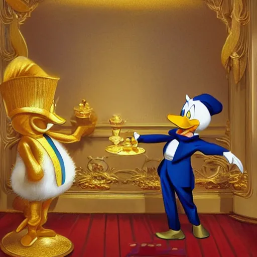 Image similar to Donald Duck meets Scrooge McDuck inside a room filled with gold pieces. Donald Duck wears a sailor suit and Scrooge McDuck wears a redingote and a top hat. Elegant, intricate, digital painting, artstation, concept art, smooth, sharp focus, illustration, art by artgerm and greg rutkowski and alphonse mucha