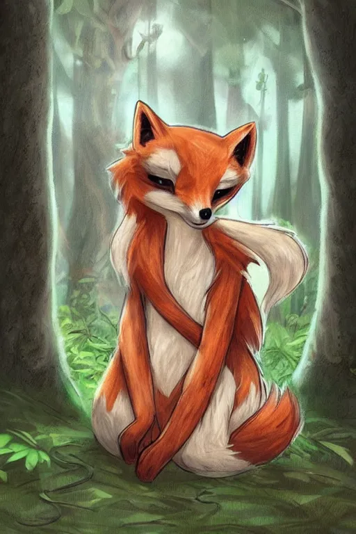 Image similar to a pretty medieval anthropomorphic fox with a fluffy tail in the forest, comic art, trending on furaffinity, cartoon, kawaii, backlighting, furry art!!!, warm shading, concept art, sunset