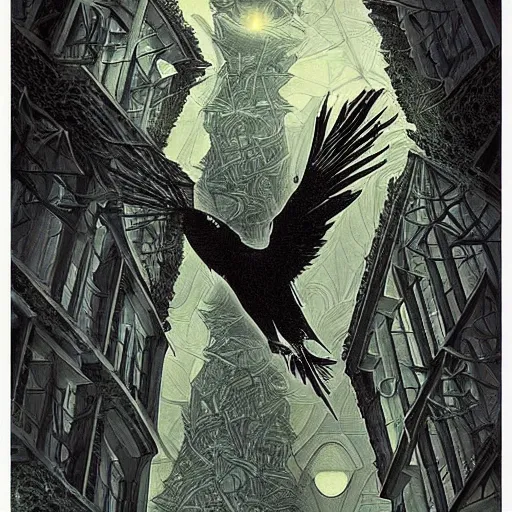 Image similar to crows at a architectural complex with an occult witch by Android Jones and M. C. Escher collaboration, futurist, digital art, dramatic lighting, symbolic