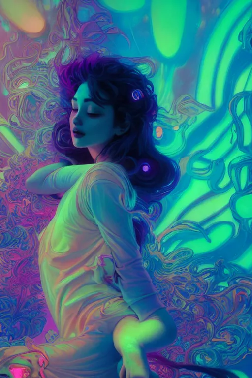 Image similar to a gorgeous girl engulfed in colorful liquid clouds and neon smoke, extremely psychedelic experience, psilocybin, dmt, lsd face, highly detailed, artstation, concept art, blue background, digital art by hana yata, and artem demura and beeple, alphonse mucha, octane render, unreal engine, 8 k