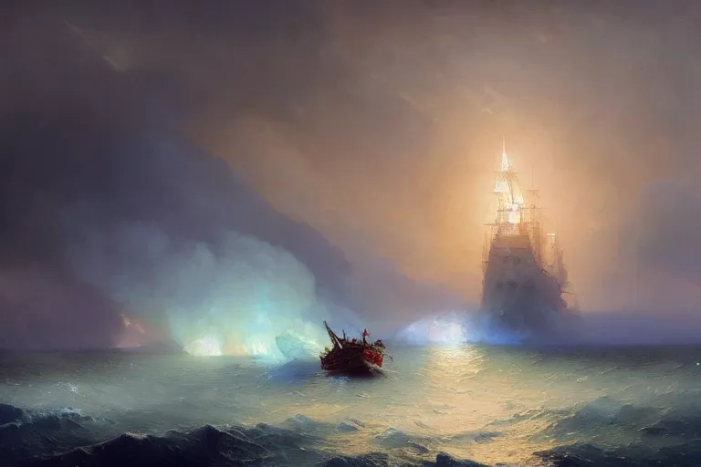 Image similar to Magical Maelstrom of fire and ice in the sea, destroying boats, islands, painting by Ivan Aivazovsky and Greg Rutkowski, artstation, fantasy, intricate, beautiful, cinematic, octane render, arnold render, 8k, hyper realism, detailed, sharp focus, 4k uhd, masterpiece, award winning