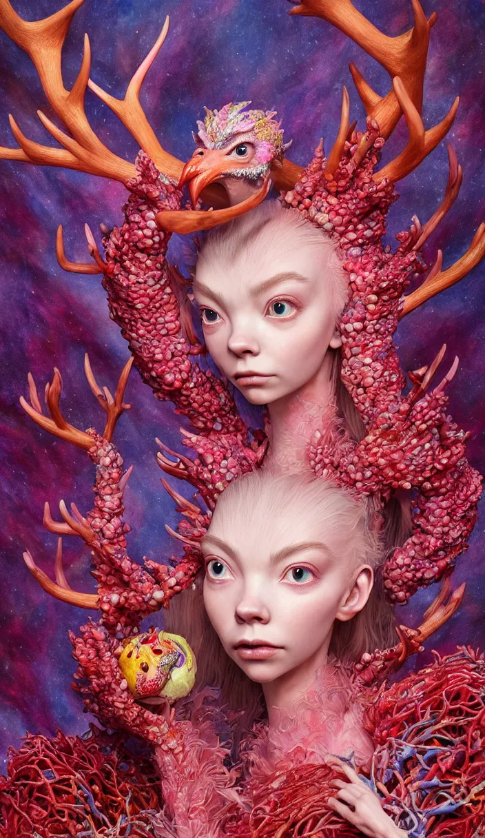 Image similar to hyper detailed 3d render like a Oil painting - kawaii portrait Aurora (a beautiful skeksis queen from dark crystal that looks like Anya Taylor-Joy with hooves and antlers) seen red carpet photoshoot in UVIVF posing in scaly dress to Eat of the Strangling network of yellowcake aerochrome and milky Fruit and His delicate Hands hold of gossamer polyp blossoms bring iridescent fungal flowers whose spores black the foolish stars by Jacek Yerka, Ilya Kuvshinov, Mariusz Lewandowski, Houdini algorithmic generative render, Abstract brush strokes, Masterpiece, Edward Hopper and James Gilleard, Zdzislaw Beksinski, Mark Ryden, Wolfgang Lettl, hints of Yayoi Kasuma, octane render, 8k