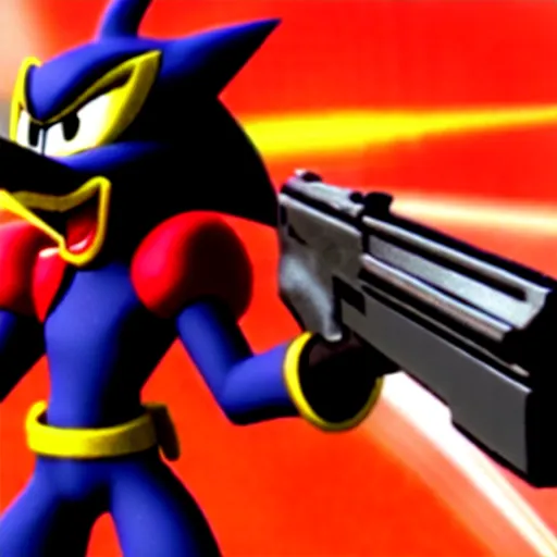 Prompt: shadow the hedgehog holding a gun