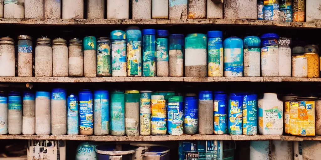 Image similar to extreme close - up of half empty shelves of a sundry shop at pulau indah fishing village, near a jetty, early morning, detailed matte painting, low angle view, telephoto lens, bokeh, studio ghibli, artstation