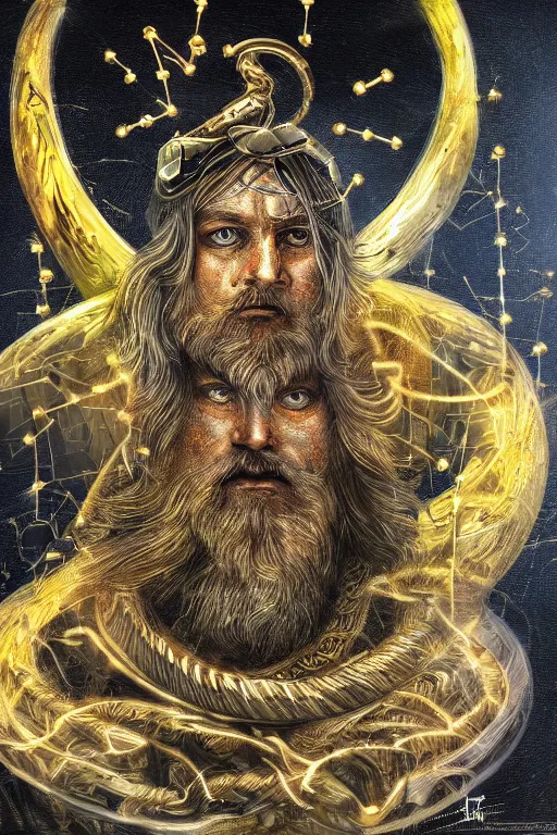 Prompt: mythological odin all father god of thunder and artificial intelligence creating himself with an artificial neural network with gold synapses on an anvil, high resolution, award winning art, trending on art station, sharp image, incredibly detailed, detailed character realistic painting