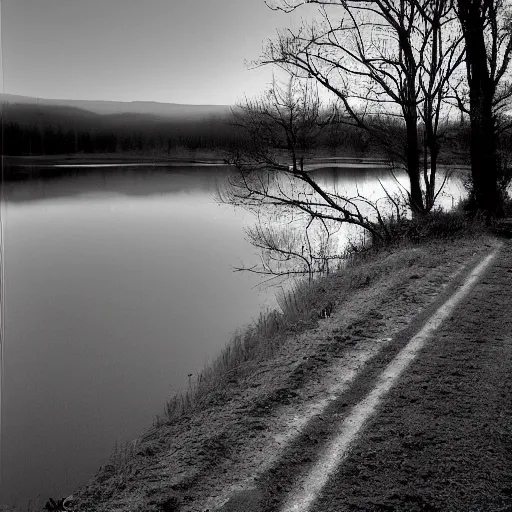 Prompt: Beautiful cameraphone, soft liminal Photograph of an estate road, early morning, small flat lake in the background