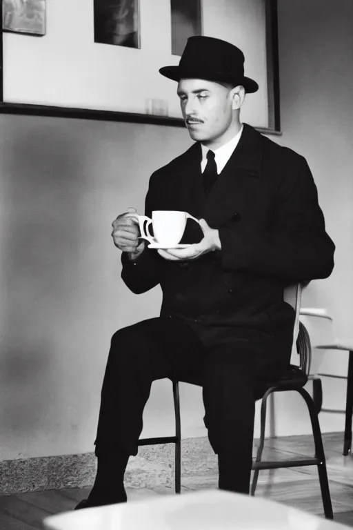 Image similar to a 5 0's detective having a cup of coffee