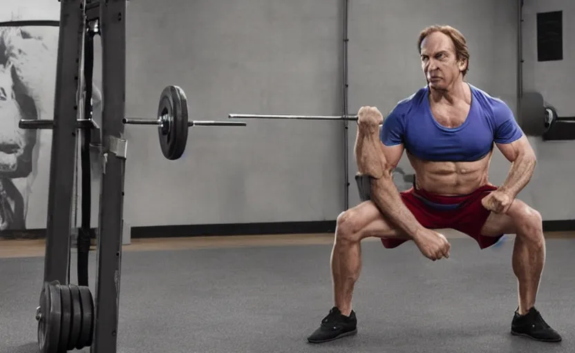 Image similar to muscular Saul Goodman working out, movie still, photorealistic