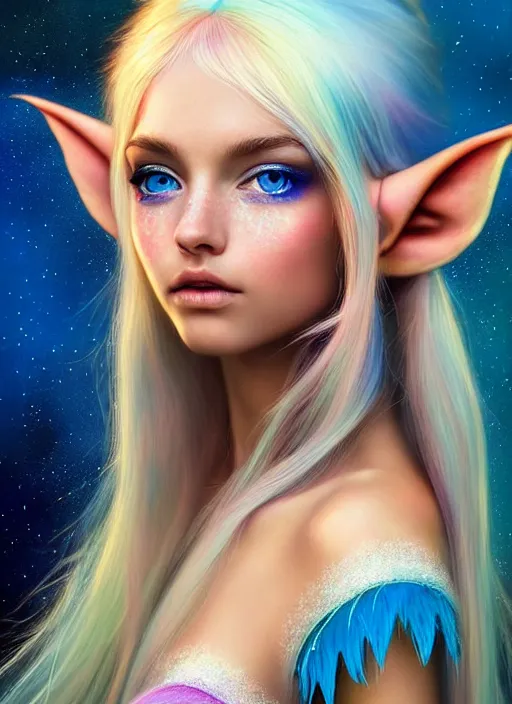 Prompt: a beautiful portrait, colorful luminous background, gorgeous fantasy elf. professionally retouched, soft lighting, realistic, smooth face, white skin, gorgeous blue eyes, detailed big eyes, long white hair, cute ears, wide angle, sharp focus on the eyes, 8 k high definition, insanely detailed, intricate, elegant, gorgeous, art by artgerm and wlop