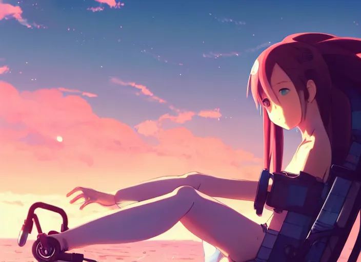 Prompt: side view of cute girl, sunset sky in background, beach landscape, illustration concept art anime key visual trending pixiv fanbox by wlop and greg rutkowski and makoto shinkai and studio ghibli and kyoto animation, futuristic aerodynamic wheelchair, symmetrical facial features, future clothing, backlit