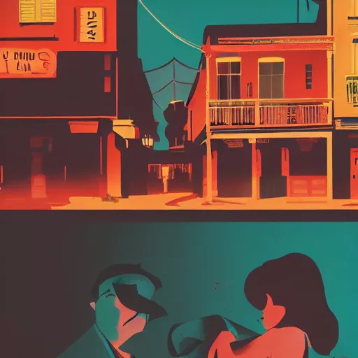 Prompt: a colorful comic noir illustration of doomed lovers in new orleans by sachin teng, dark vibes, pastel lighting, cinematic, depth of field, 8 k, high contrast