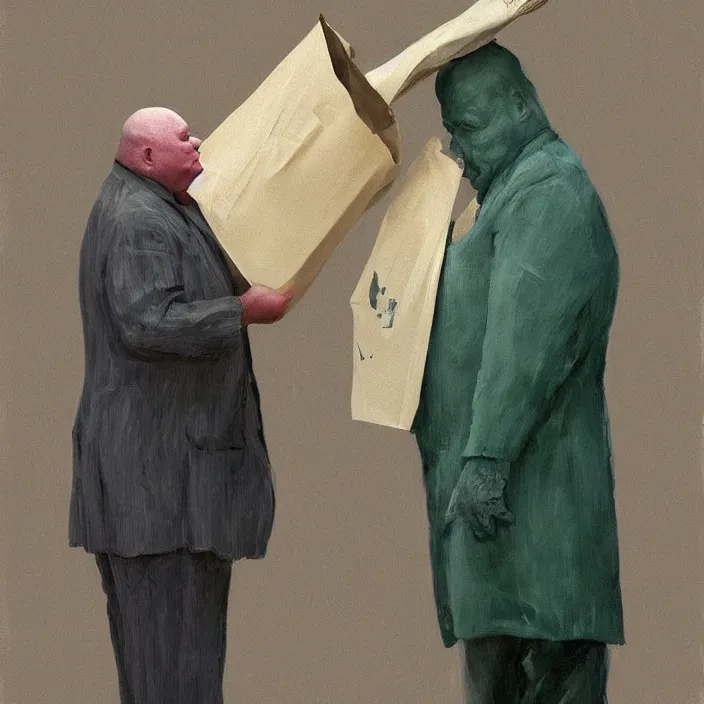 Prompt: melted old fat man portrait with a paper bag over the head, in paper bag clothing, holding a stack of paper bags, highly detailed, artstation, edward hopper, art by zdislav beksinski, wayne barlowe, edward hopper