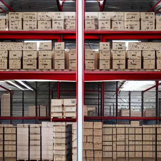 Prompt: two frames of equal size, the first a warehouse full of boxes, the second is the same picture but the boxes are red