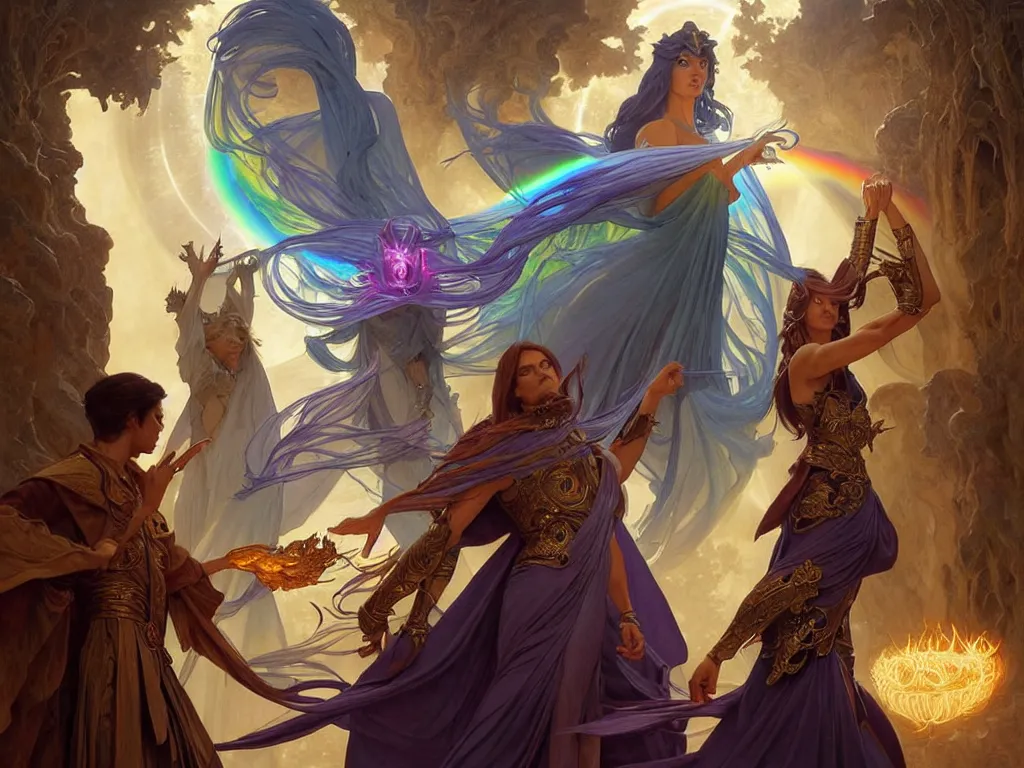 Image similar to painting of powerful stylish sorcerer and a cleric banishing shadow creatures with a rainbow spell, ultra realistic, concept art, intricate details, eerie, highly detailed, photorealistic, octane render, 8 k, unreal engine. art by artgerm and greg rutkowski and magali villeneuve and alphonse mucha