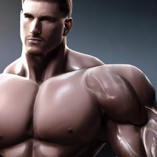 Image similar to a realistic detailed photo of a bodybuilder who is also a male android Chris Redfield, shiny skin, posing robotically, blank stare