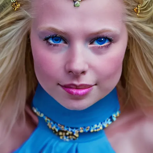 Image similar to close up headshot of a princess with long blonde hair and blue eyes wearing a strapless elaborately beaded pink dress, high resolution film still, 8k, HDR color, film by Simon Langton and David Frankel, triangular face