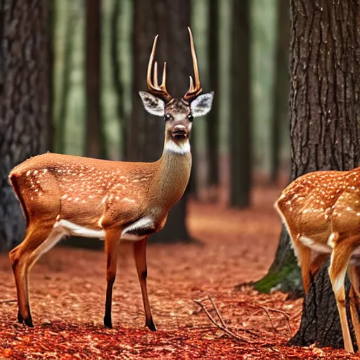 Image similar to a national geographic photo of deer that has red color skin in forest, f 2,0, telephoto, fine deatils