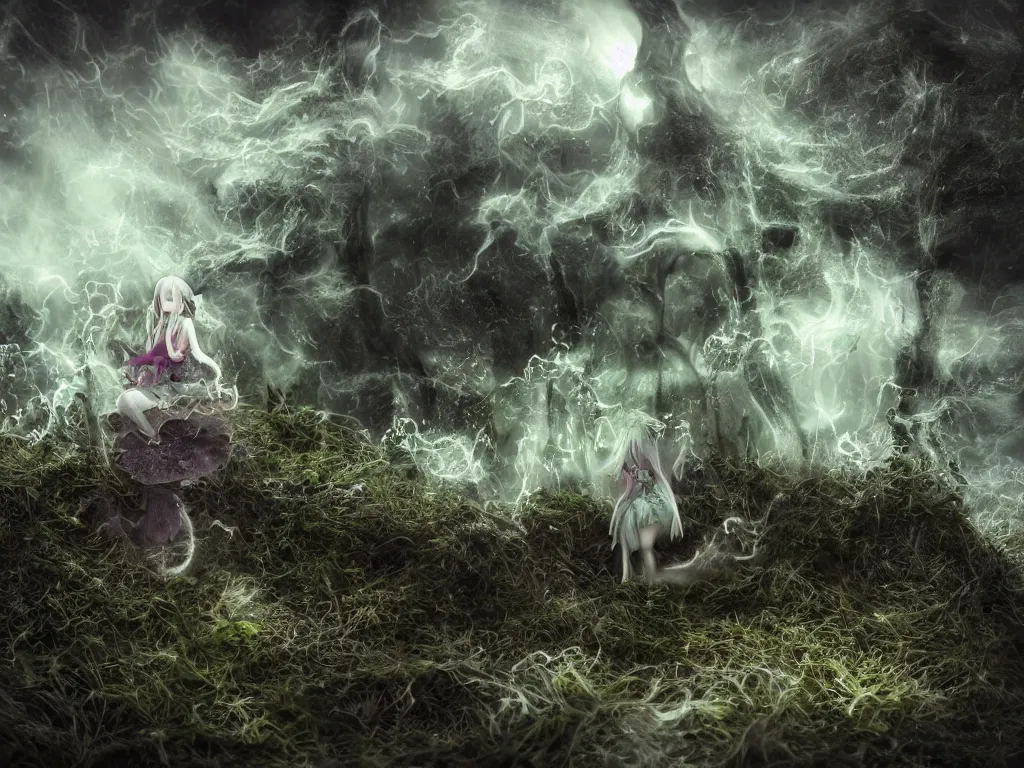 Prompt: cute fumo plush of a gothic maiden girl, overdose, overgrown flooded mystical mushroom forest temple, mysterious ritual over tempestuous stormy water, wisps of volumetric vortices of glowing smoke and fog, vignette, vray