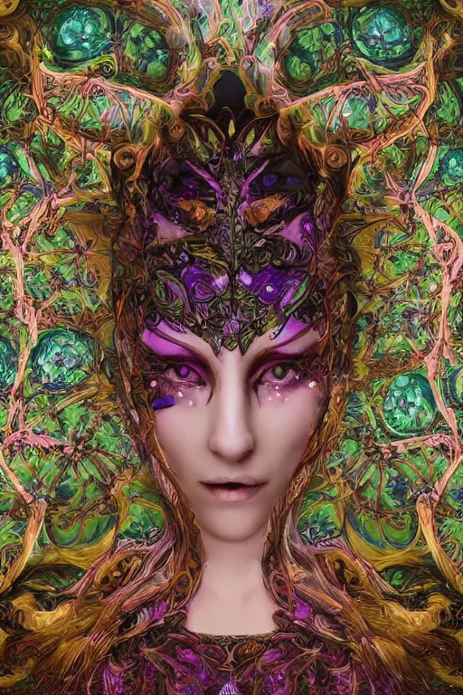 Image similar to highly detailed, digital painting of a beautiful arcane witch in a dark intricate ornate fractal-lace and gemstones facial mask, wearing a stunning silky bio-luminiscent neon-noir cyberpunk dress, pastel colors palette, full view, soft lighting, vivid, Hyperdetailed, 4k hd matte painting, 8k resolution, enchanting and otherworldly, detailed, front view, Gsociety, trending on ArtstationHQ, dreamscape maximized.