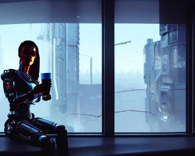 Prompt: terminator mechanical cyborg lady with borg enhancements and optical fibers and human face is drinking coffee near a window with dystopian city visible outside. very detailed 8 k. cyberpunk fantasy style. unreal engine render. global illumination. nanite. rtx. path tracing.