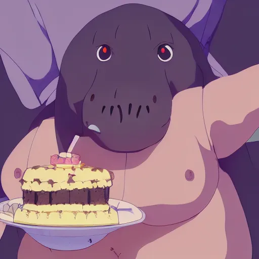 Image similar to a very fat hippo eating cake, illustration concept art anime key visual trending pixiv fanbox by wlop and greg rutkowski and makoto shinkai and studio ghibli and kyoto animation symmetrical facial features