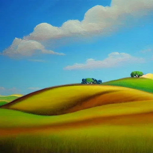 Image similar to !dream A painting of a landscape, with rolling hills, green fields, and a blue sky, in a pastoral style.