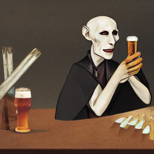 Image similar to portrait of nosferatu lying on the beach, aside a table with beer garlic cigarettes,