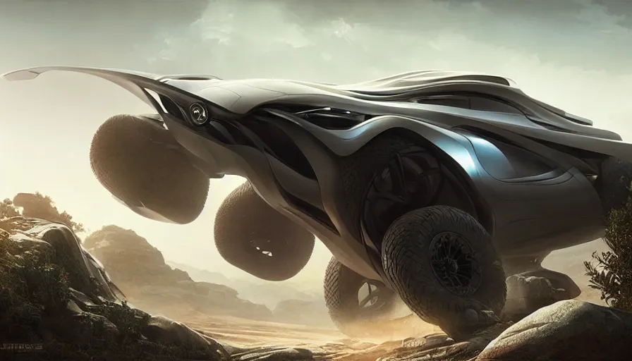 Image similar to a futuristic offroad suv by artgerm and greg rutkowski and alphonse mucha, zaha hadid, volumetric light, detailed, octane render, midsommar