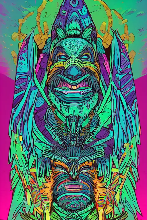 Image similar to totem animal mask tribal feather gemstone plant wood rock shaman vodoo video game vector illustration vivid multicolor borderlands comics by josan gonzales and dan mumford radiating a glowing aura