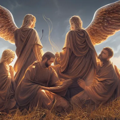 Image similar to angels protecting a praying man very highly detailed, award winning, trending on artstation, 4K UHD image