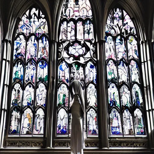 Image similar to a white marble gothic cathedral with mandala windows, a gothic girl dressed in black