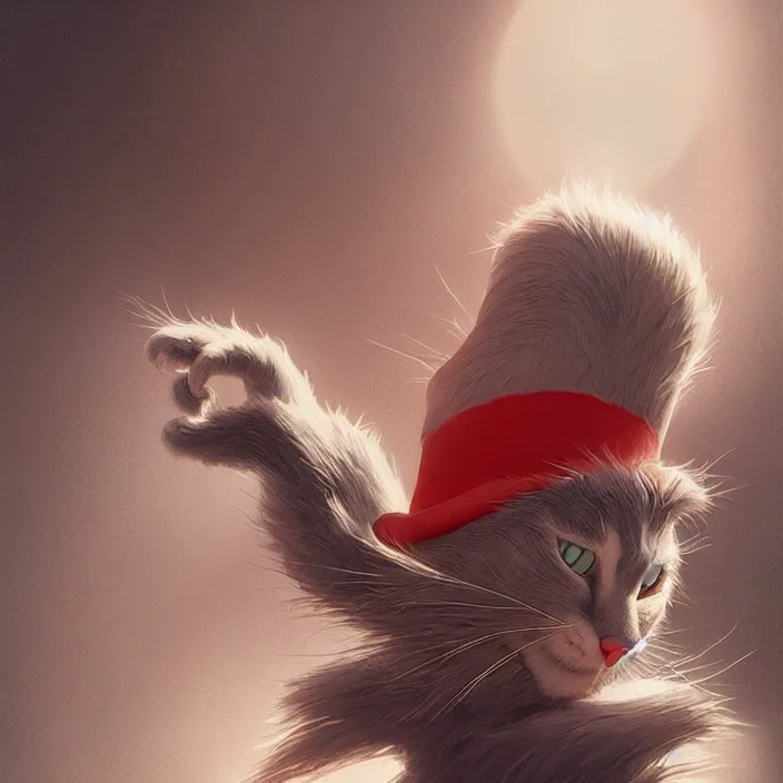 Image similar to complex 3 d render, hyper detailed, ultra sharp, of the cat in the hat, scary, cinematic, natural soft light, rim light, art by greg rutkowski and artgerm and moebius, dr seuss