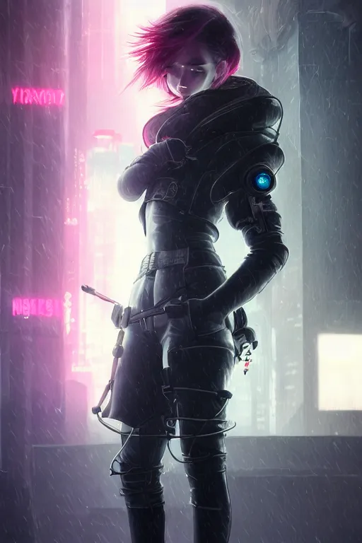 Image similar to portrait futuristic confidence cyberpunk young female Musketeer, in futuristic stormy heavy snowy tokyo rooftop cyberpunk night, ssci-fi, fantasy, intricate, very very beautiful, elegant, neon light, highly detailed, digital painting, concept art, human anatomy, soft light, hdri, smooth, sharp focus, illustration, art by tian zi and craig mullins and WLOP and alphonse mucha
