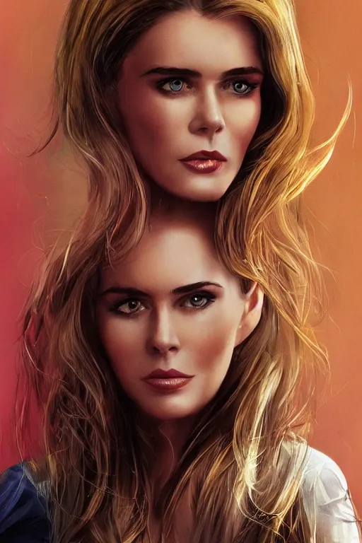 Image similar to mix of beautiful young maria shriver, mariel hemmingway, brooke shields, nicole kidman and elle macpherson as a snake girl with fangs, thin lips, hair tied up in a pony tail, dark blonde hair, colorful, artstation, cgsociety