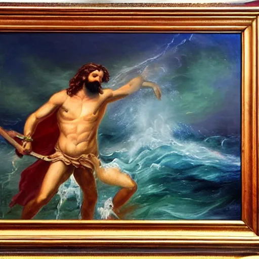 Image similar to poseidon amongst the tempest, romanticism, oil painting, pastel colours