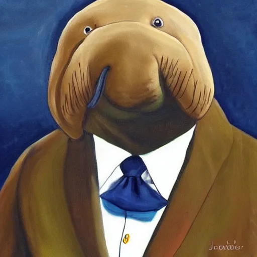 Prompt: masterful painting of a walrus in a suit