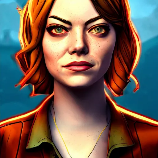 Image similar to emma stone carter portrait, borderlands, tales from the borderlands, the wolf among us, comic, cinematic lighting, studio quality, 8 k