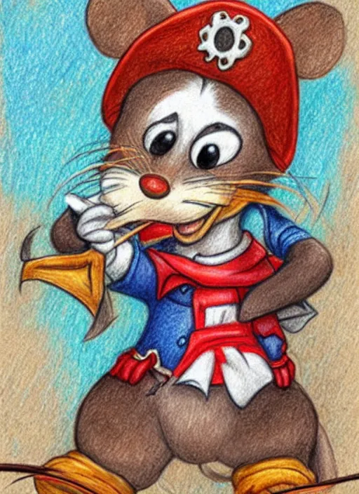 Prompt: detailed colored pencil drawing of a cute anthropomorphic mouse as a pirate