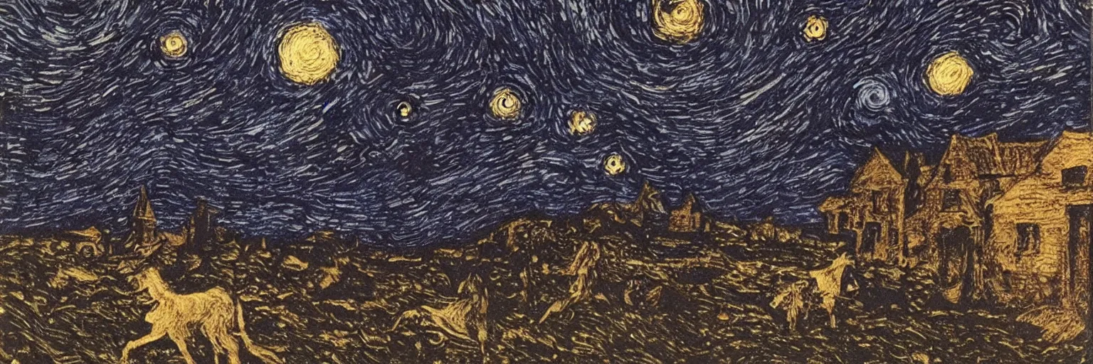 Prompt: oil painting in a spellbook of a dark beautlful starry night, constellations by charles vess and titian on black matte very textured paper, english country village square