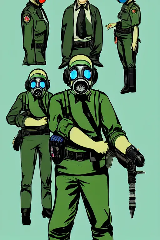 Image similar to cops member departement using gas mask, with blue and green blouse, high member use army hats. digital art, graphic novel, pop art, bioshock art style, accurate, detailed, gta chinatown art style, dynamic, face features, body features, ultra realistic, concept art, smooth, sharp focus, art by richard hamilton and mimmo rottela