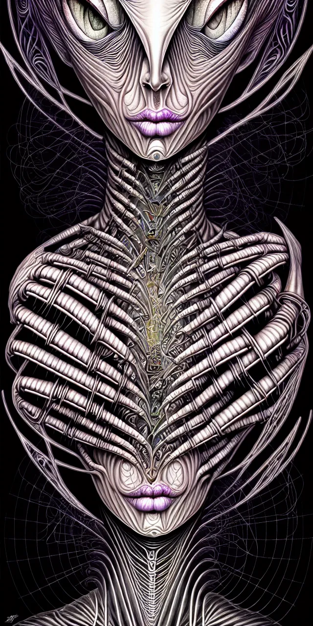 Prompt: android jones alex grey m. c. escher h. r. giger android jones alex grey mark cooper alien beauty alien cyborg machine goddess beauty alien machine deity artgerm artstation award winning photorealistic detailed hypervivid intense