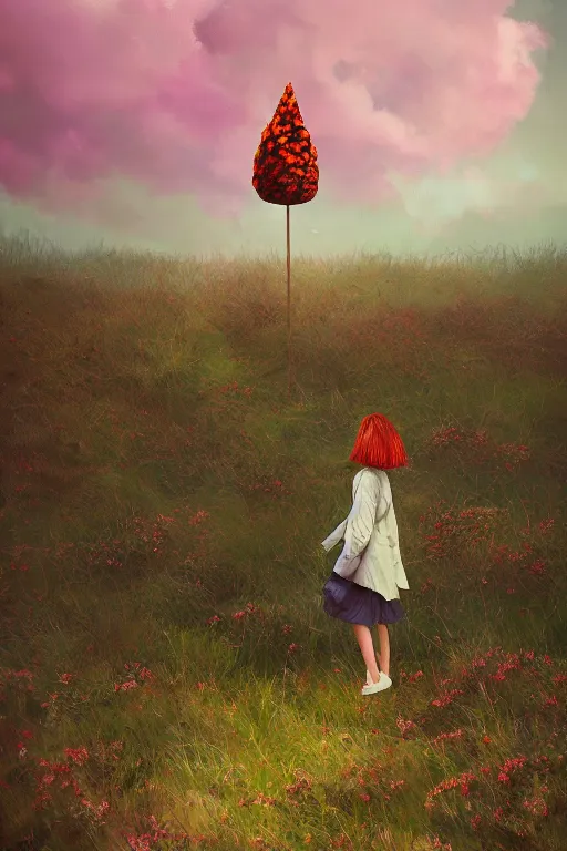 Image similar to portrait of giant flower head, a girl with coat between bushes, surreal photography, wind and cold, dramatic sky, impressionist painting, digital painting, artstation, simon stalenhag