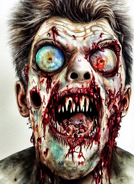 Image similar to zombie hollywood professional acting headshot, hyperrealism, intricate detailed, studio lighting, charming expression gesicht, watercolor art, drawn and painted, colored layers, dulled contrast, exquisite fine art