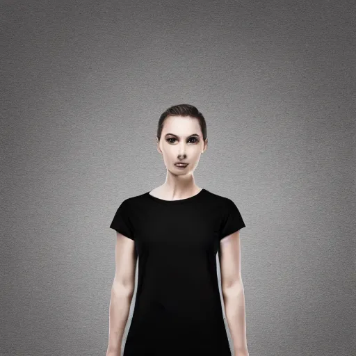 Image similar to clear photorealistic mockup product photograph of a blank black tshirt on an attractive female model in front of an indoor room background - h 7 0 4