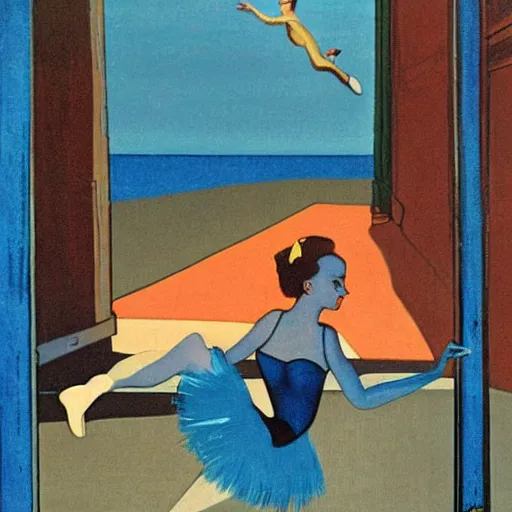 Image similar to a ballerina facing a blue portal on the street, which shows a beach at sunset, alberto vargas