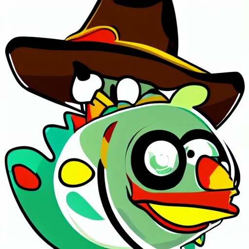 Image similar to happy fish wearing a cowboy hat, sideways, vector, plain background