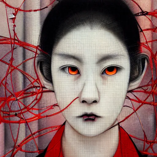 Image similar to yoshitaka amano blurred and dreamy realistic three quarter angle portrait of a sinister young woman with short hair, big earrings, barbed wire and red eyes wearing office suit with tie, junji ito abstract patterns in the background, satoshi kon anime, noisy film grain effect, highly detailed, renaissance oil painting, weird portrait angle, blurred lost edges