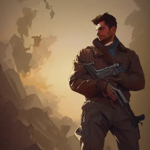 Image similar to mustle manly man holding a gun, elegant, dynamic pose, highly detailed, digital painting, artstation, concept art, matte, sharp focus, illustration, art by Artgerm and Greg Rutkowski and Alphonse Mucha
