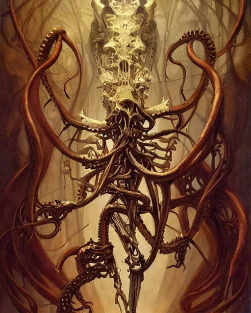 Image similar to elegant renaissance painting of biomechanical warhammer final boss creature vecna, art by bruce pennington and peter mohrbacher, epic bibical depiction, flesh and bones, teths and tentacles, corpses and shadows